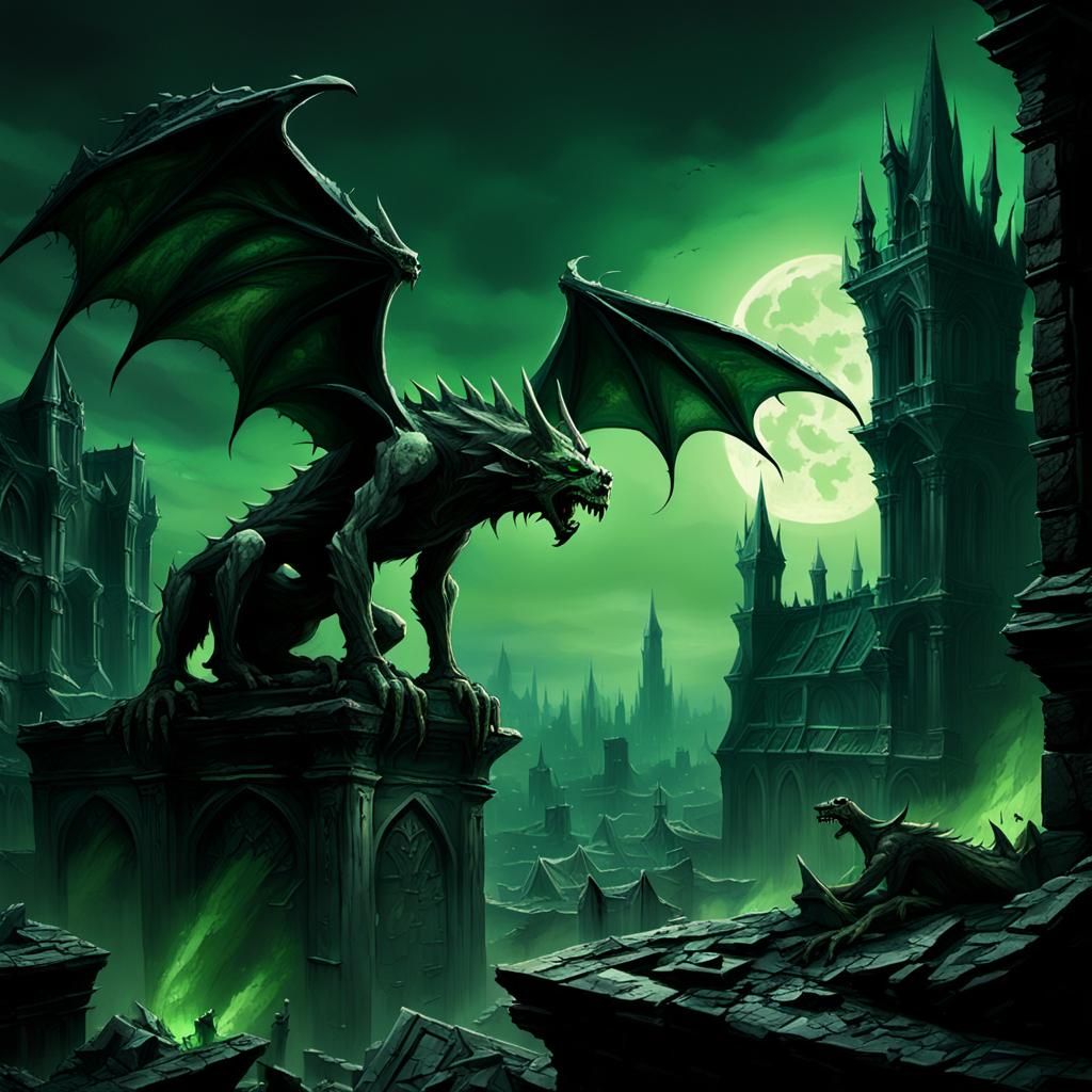 Gothic Gargoyles Overlook Ruined Cityscape