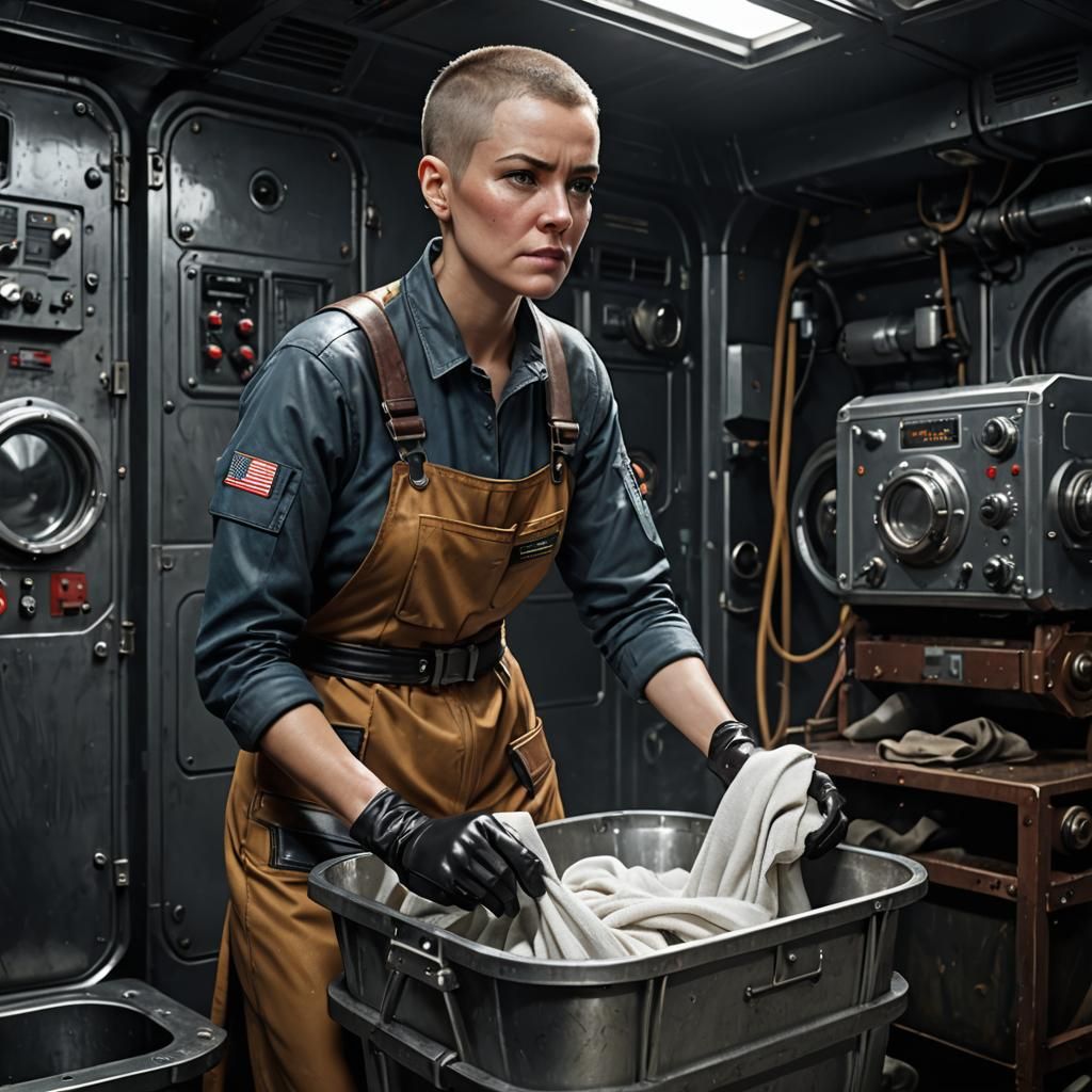 Exhausted Worker Washing Clothes on Spacefreighter