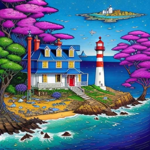Lighthouse and Cottages: Vibrant Art Brut Illustration