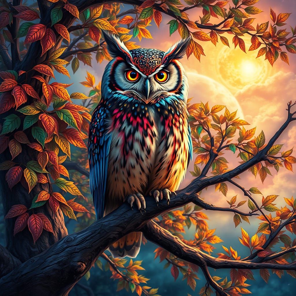 Glorious Multicolored Owl Amidst Vibrant Tree and Kaleidosco...