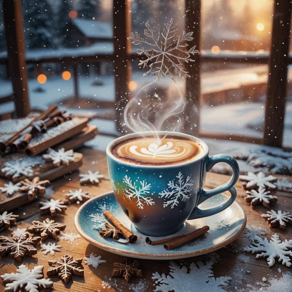 an overview of coffee and snow in the background