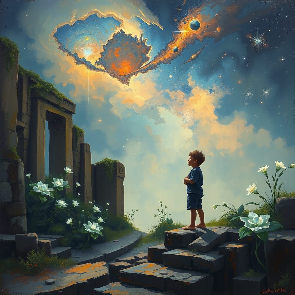 Boy Gazes at Nebula Above Ancient Ruins in Impressionist Sty...