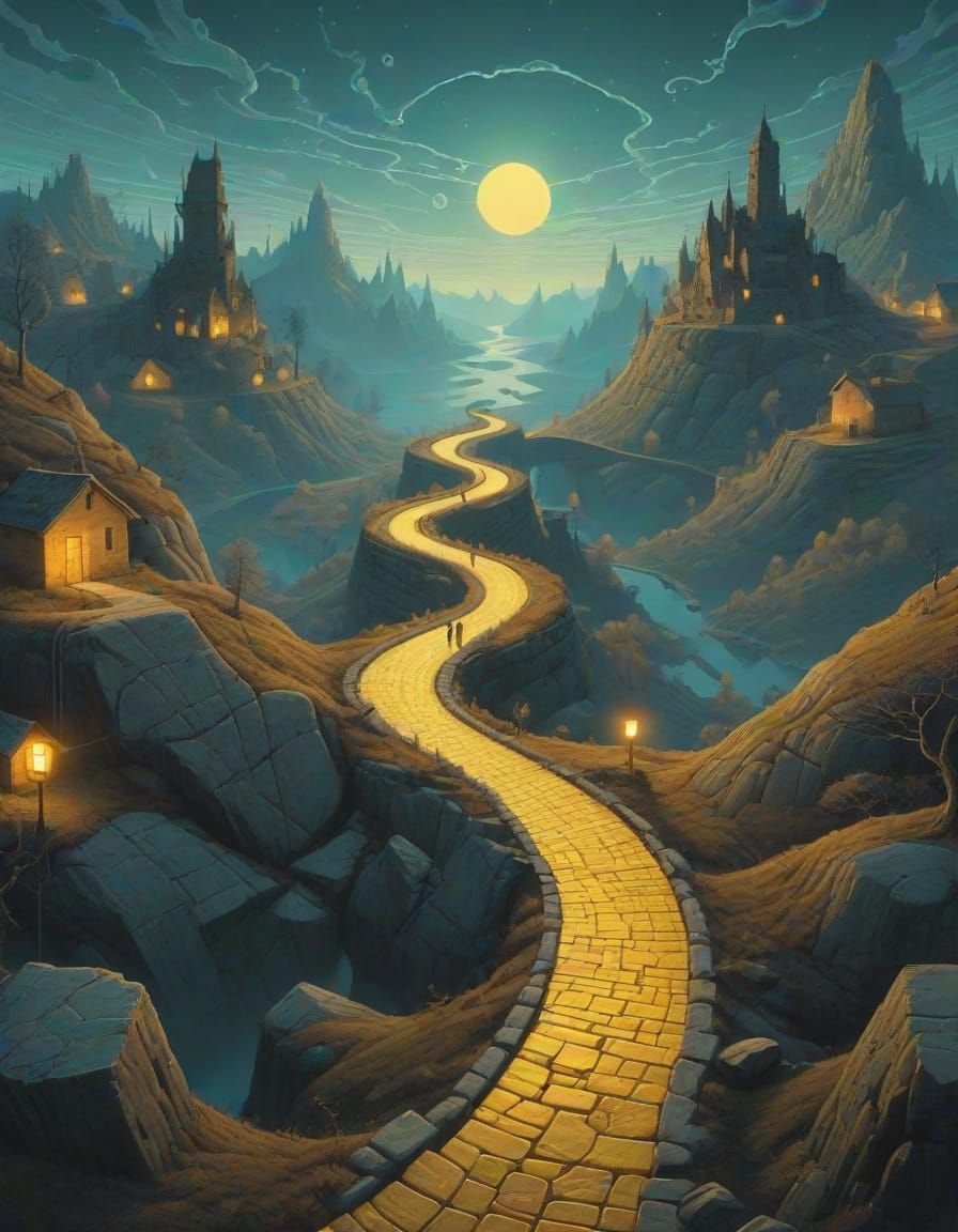 Dreamlike Landscape with Golden Pathway and Glowing Prime Nu...