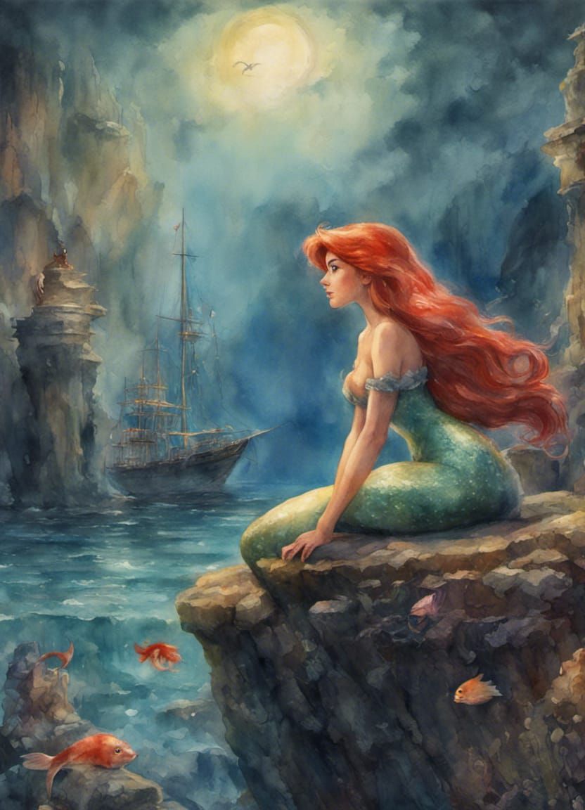 Watercolor Little Mermaid Gazing at the Prince