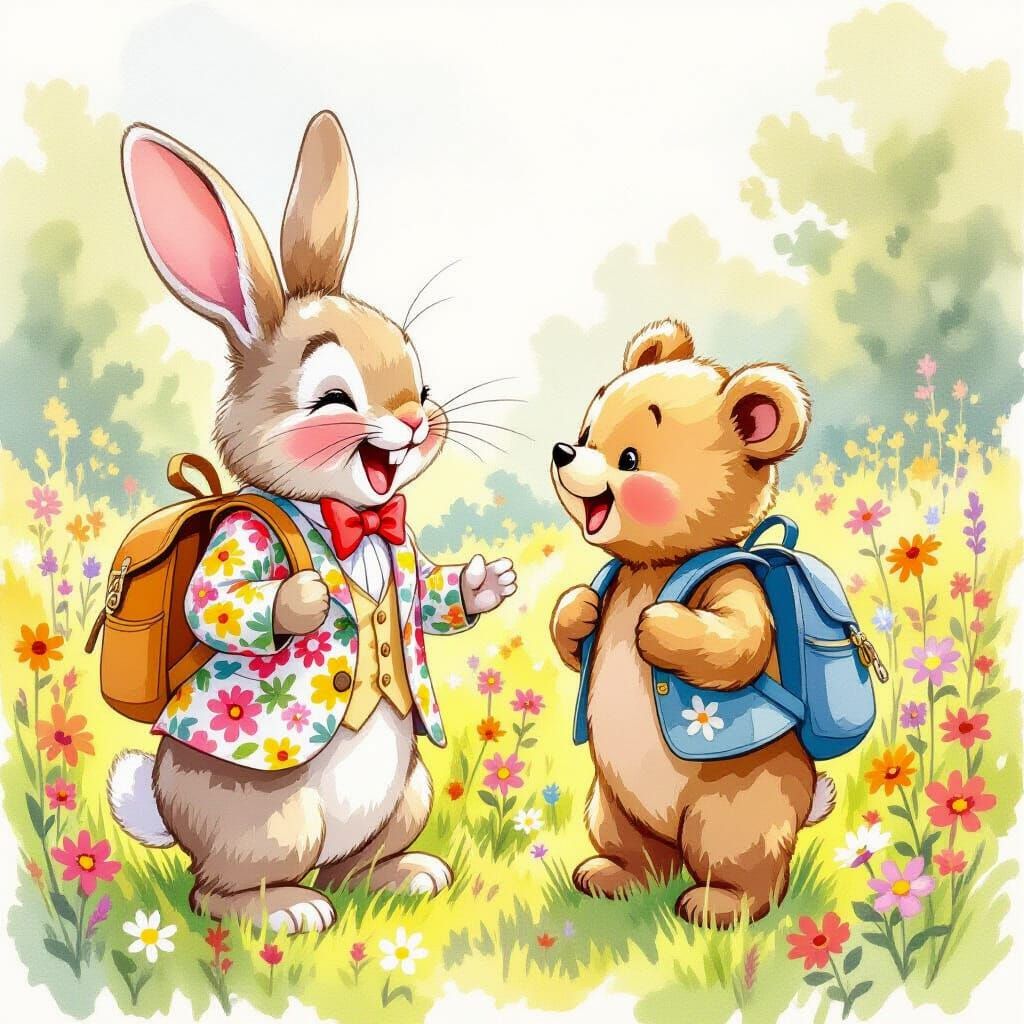 Whimsical Watercolor Bunny and Bear in Sunny Meadow