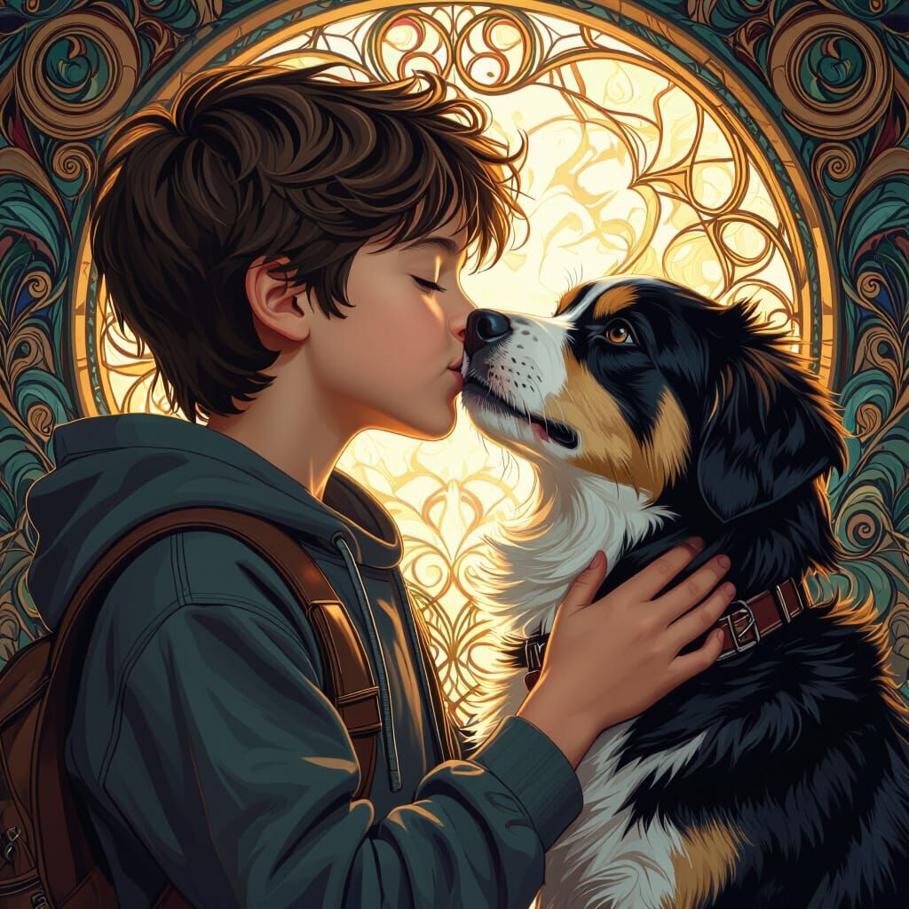 Boy Kisses Dog in Ornate Fantasy Portrait