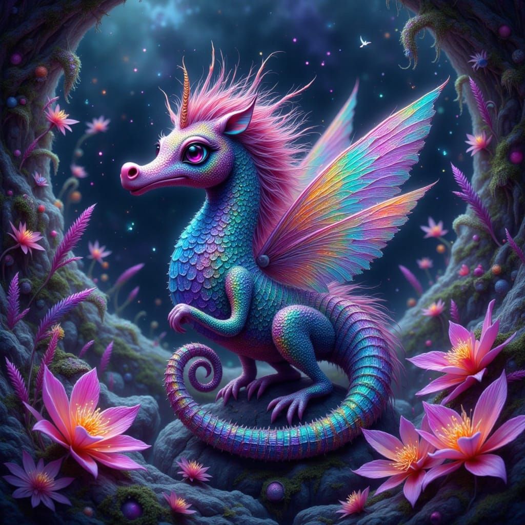Winged Seahorse on Bioluminescent Plants in Fairy Punk