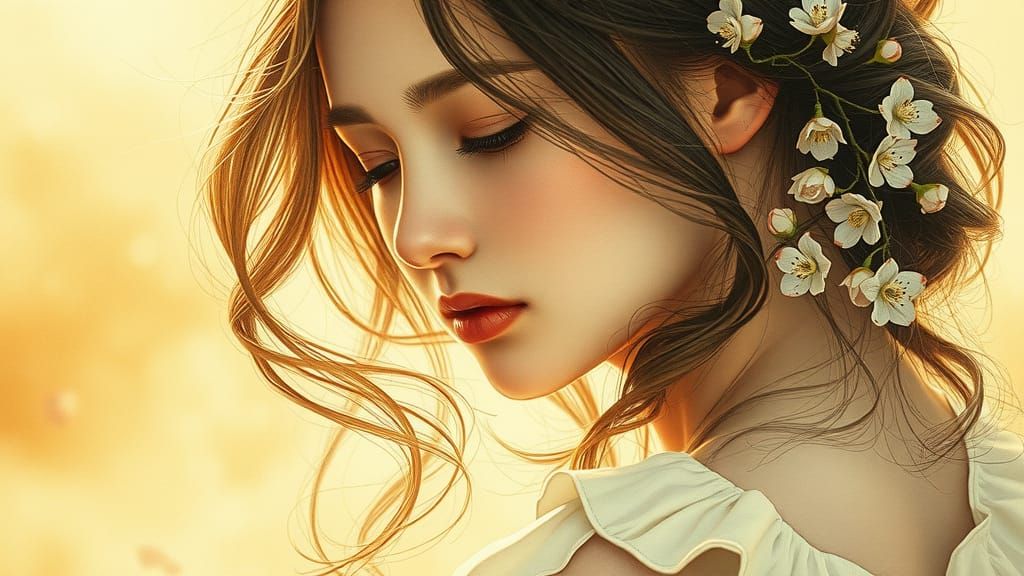 Contemplative Woman Portrait with Ethereal Blossoms