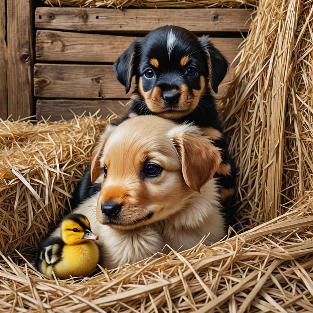 Puppy and Duckling Cuddle in Barn