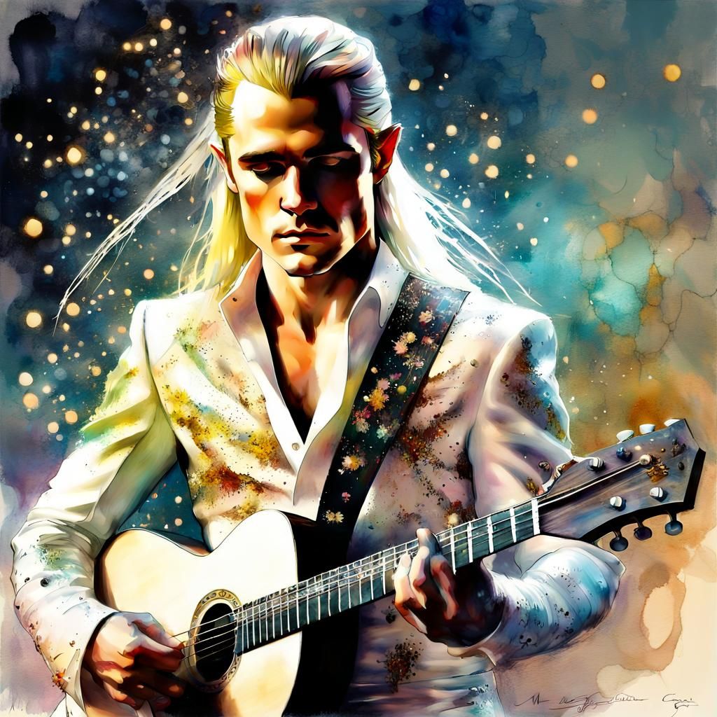 Legolas as Elvis in Stylized Watercolor Art