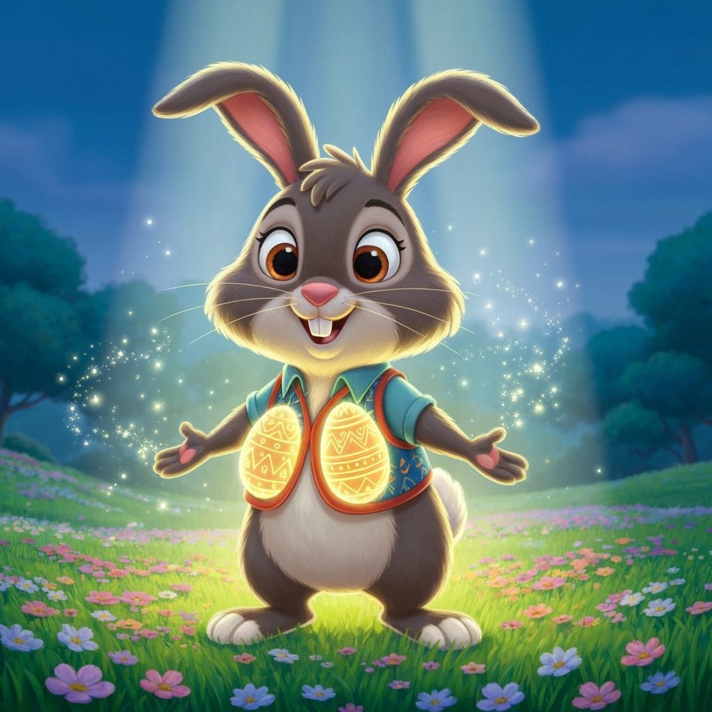 Whimsical Easter Bunny with Magical Glowing Eggs, Disney Sty...