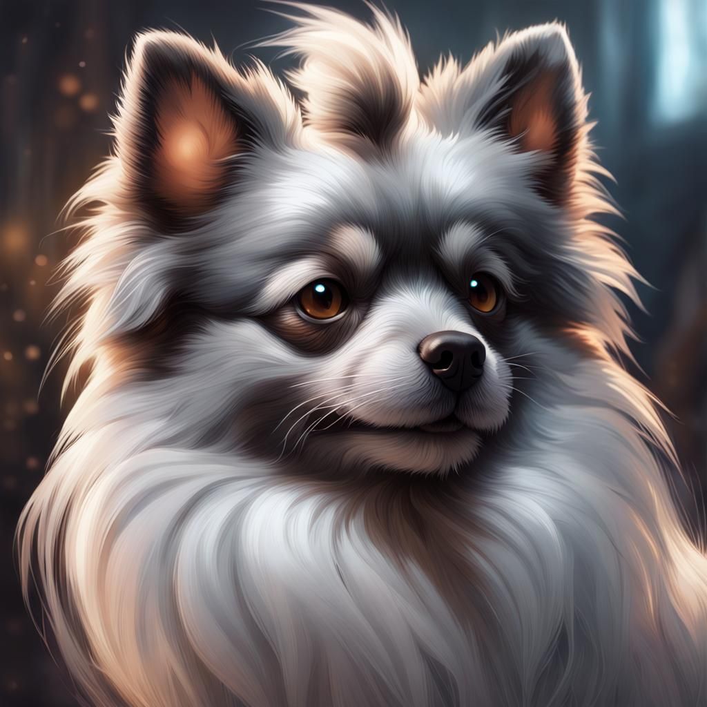 Grey Merle Pomeranian Portrait in Digital Art Style