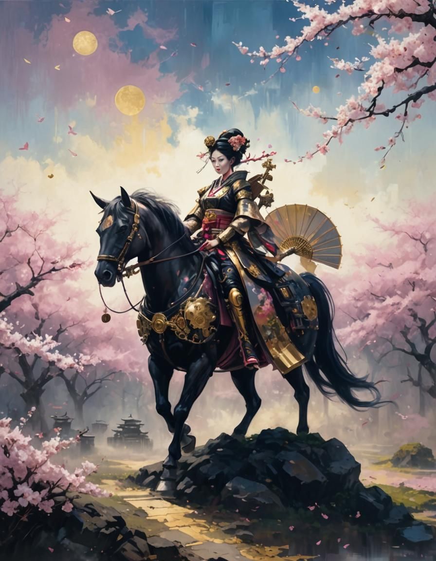 Steampunk Geisha with Cyborg in Maximalist Impressionism