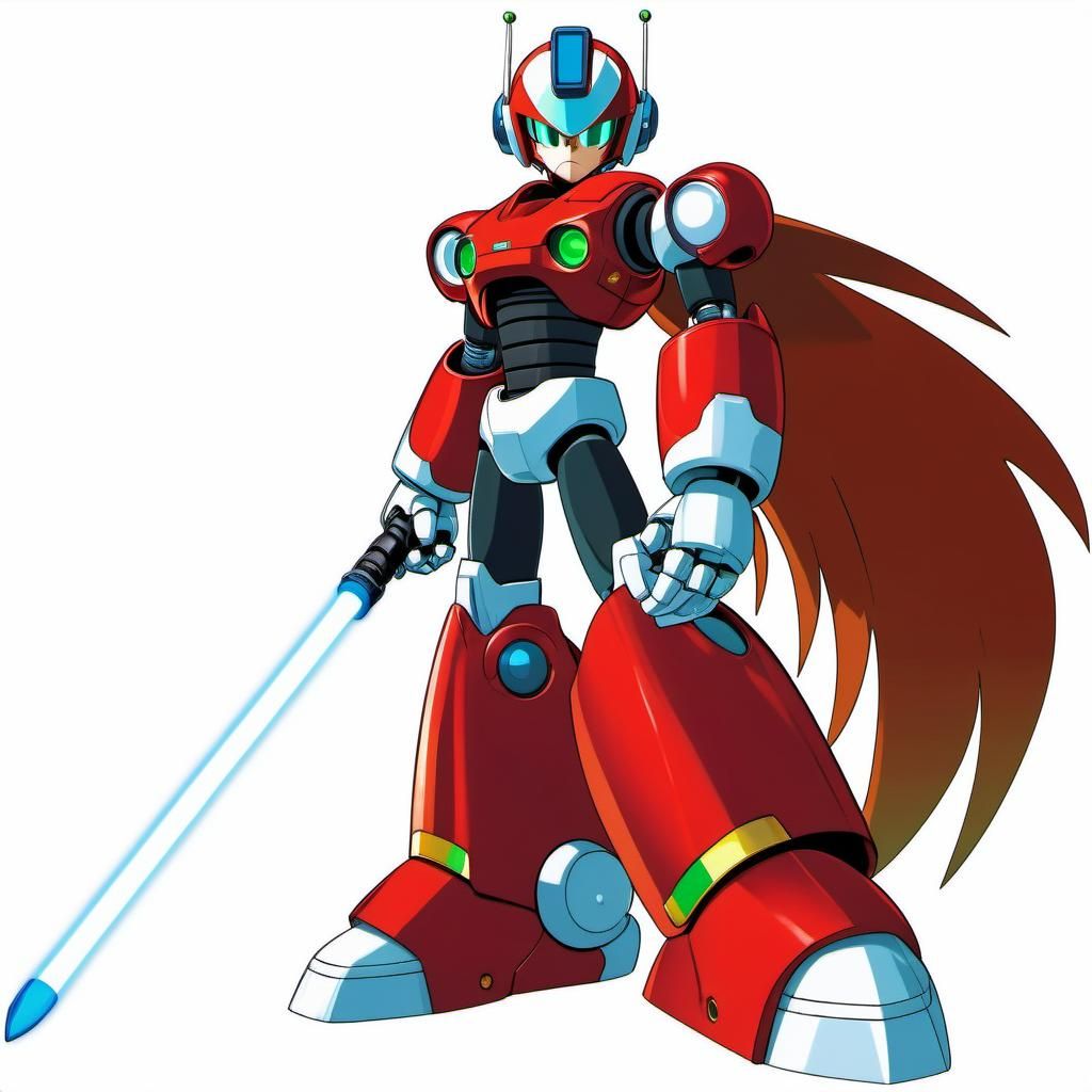 Zero from the Megaman x series, humanoid robot, red metal armor, lightsaber in one hand