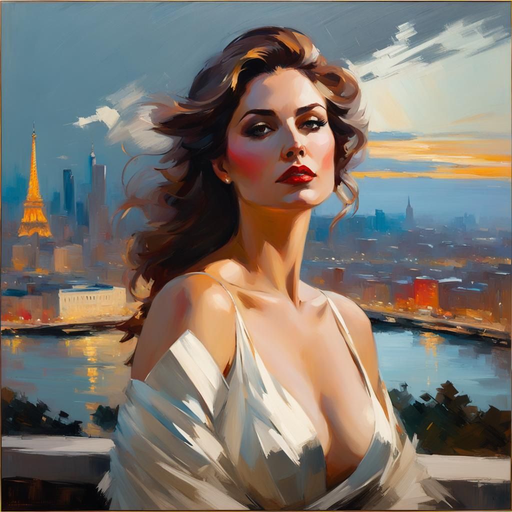 a portrait of a beautiful woman with a big bust, with a city in the background in style of Frank Bramley, style of Henry...