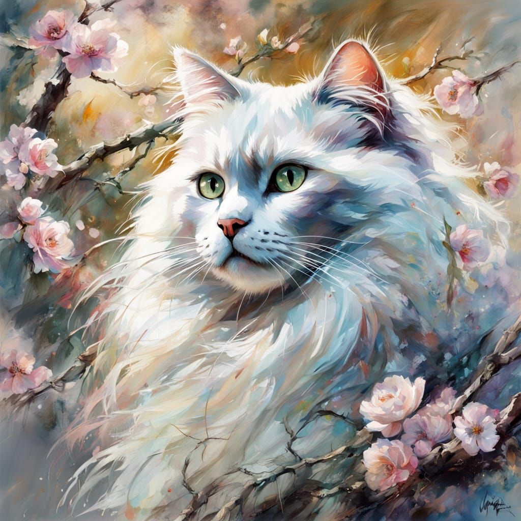 Ragdoll Cat on Cherry Blossom Branch in Ethereal Art Style