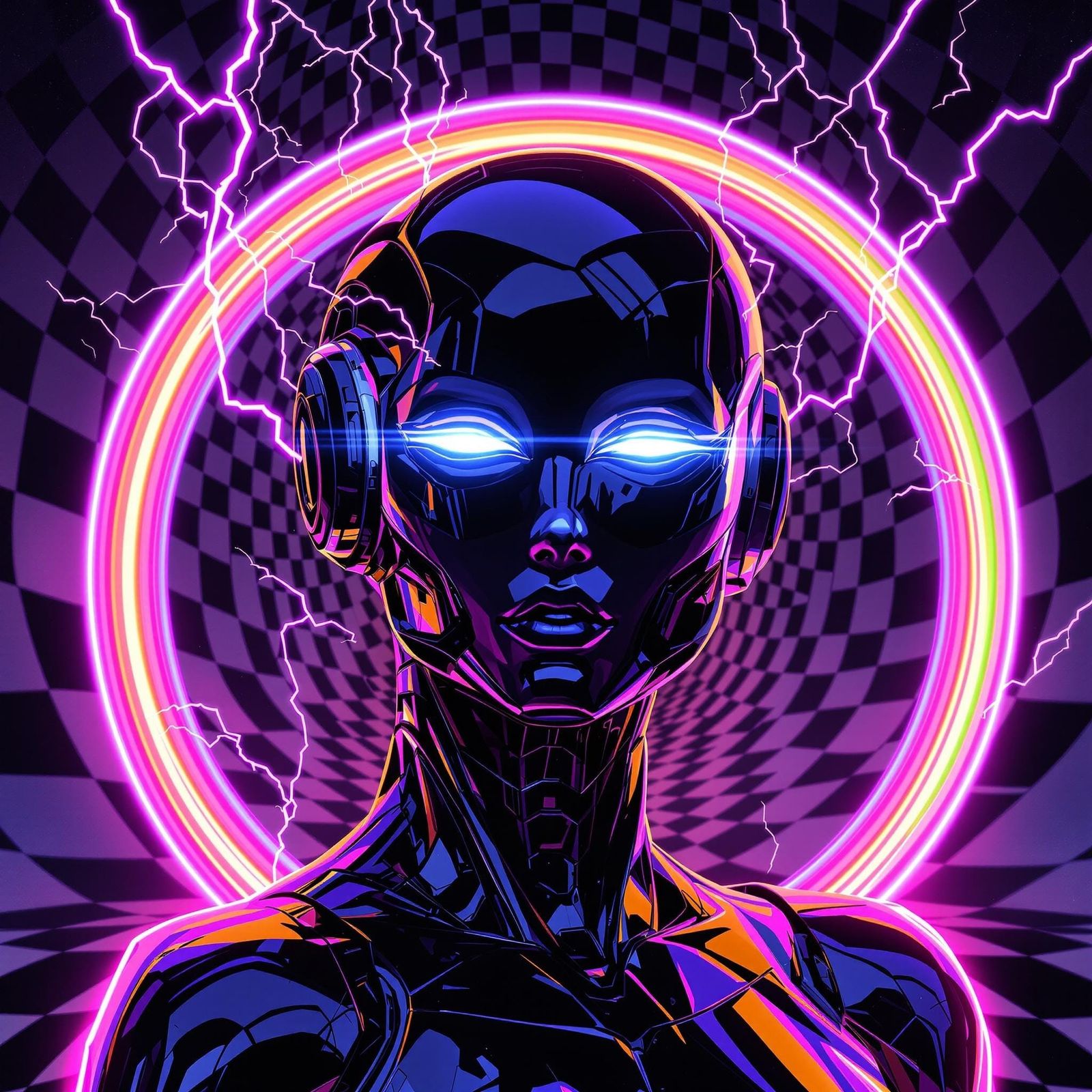 Futuristic Robot with Neon Highlights and Lightning