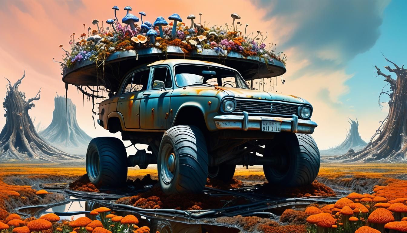 Surreal Apocalyptic Junk Car with Mutated Flora
