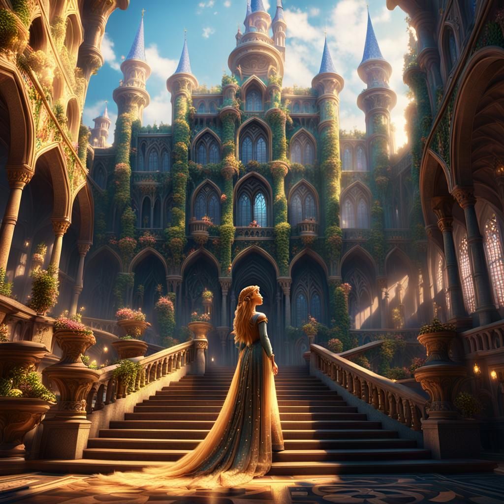 Rapunzel in a Fantastical Palace Courtyard
