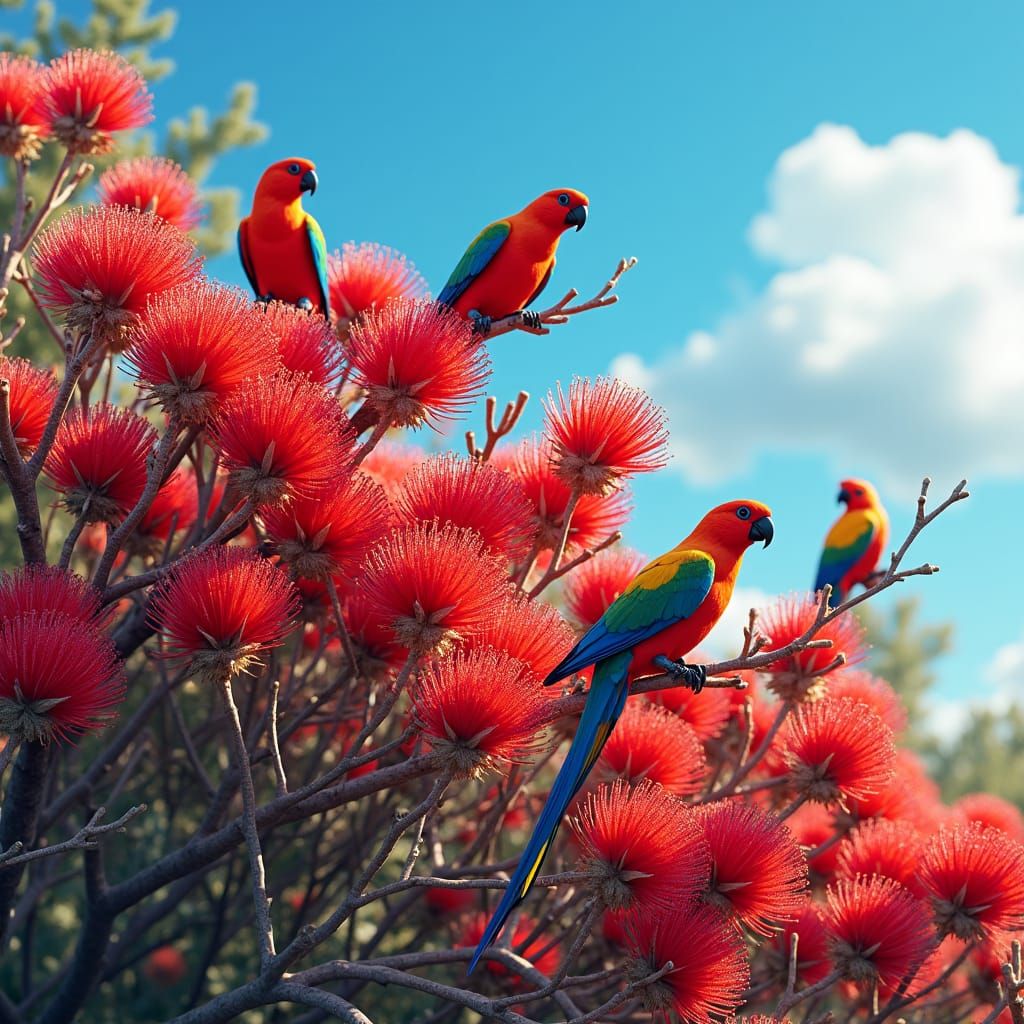 Australian Bush Scene with Rosellas in Anime Art Style