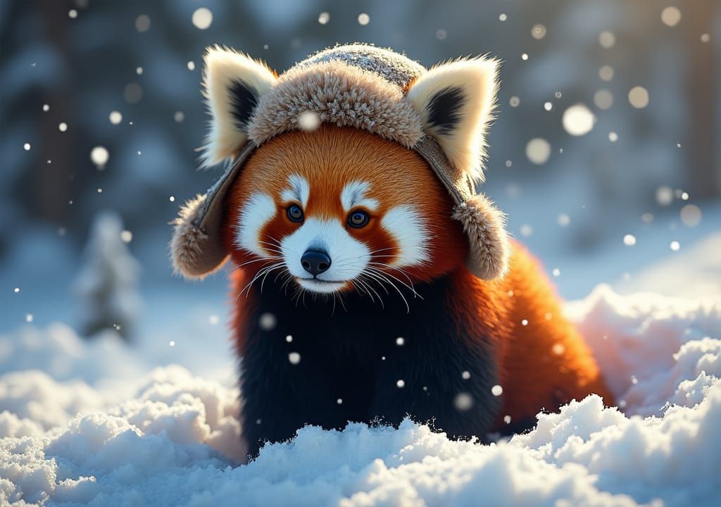 Red Panda in Snow with Trapper Hat: Dark Fantasy Art
