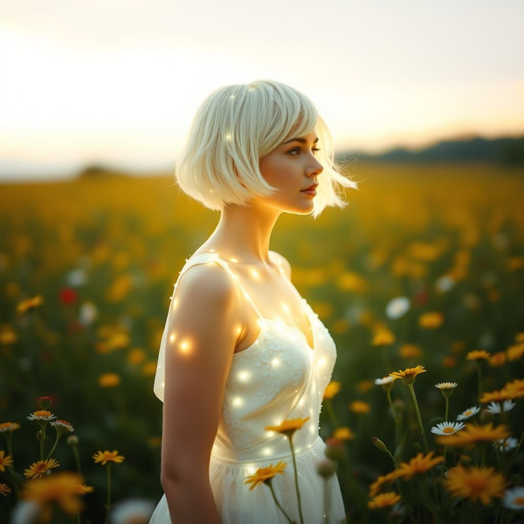 Woman Made of Light in Flower Field