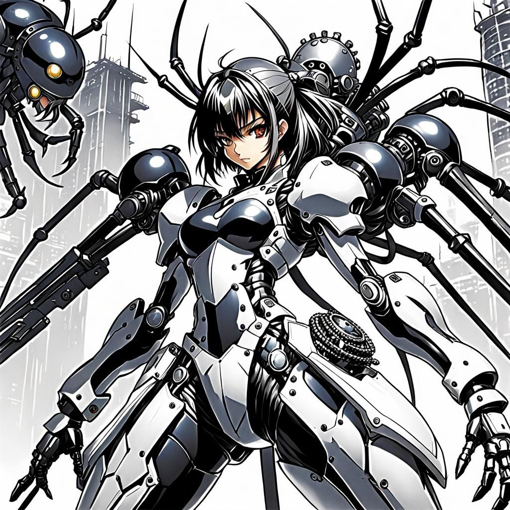 Armored Girl Rider on Mechanical Spider in Manga Style