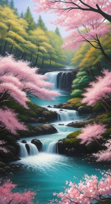 Bob Ross Style Cherry Blossom Landscape