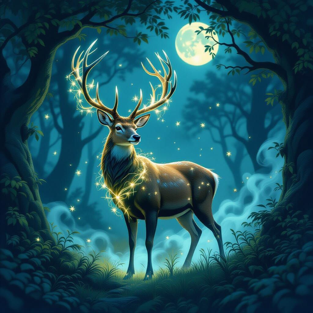 Bioluminescent Deer in Enchanted Forest Clearing