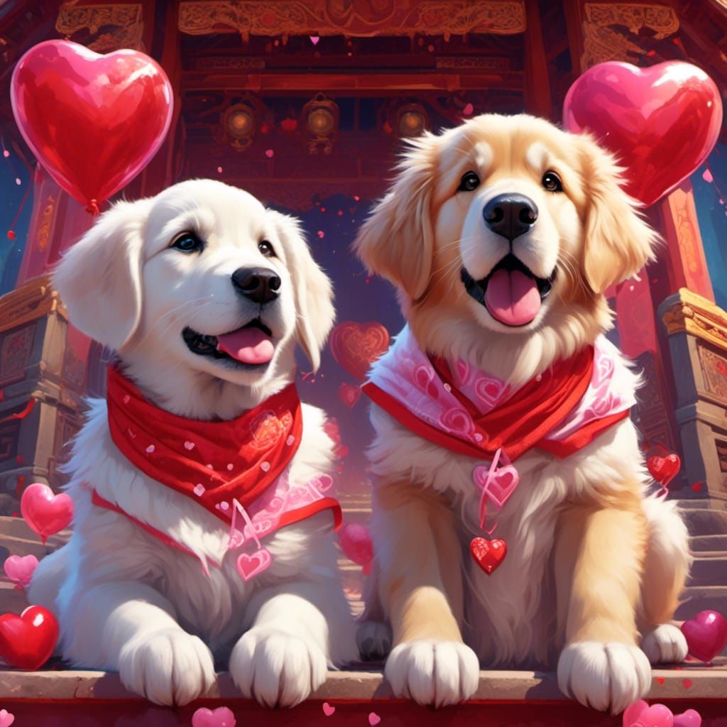 Valentine's Day Puppies in Pablo Amaringo Style