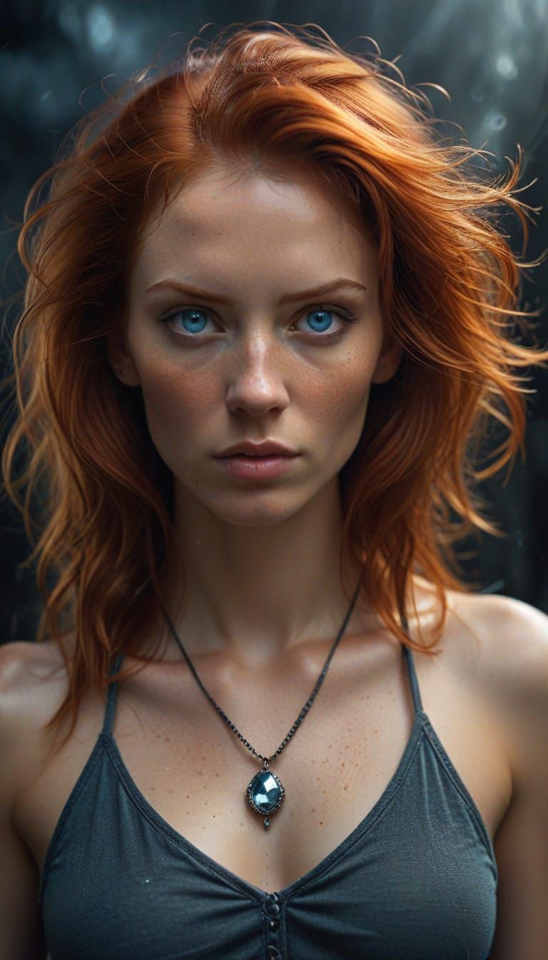 Ethereal Red-Haired Enchantress in Moody, Atmospheric Settin...