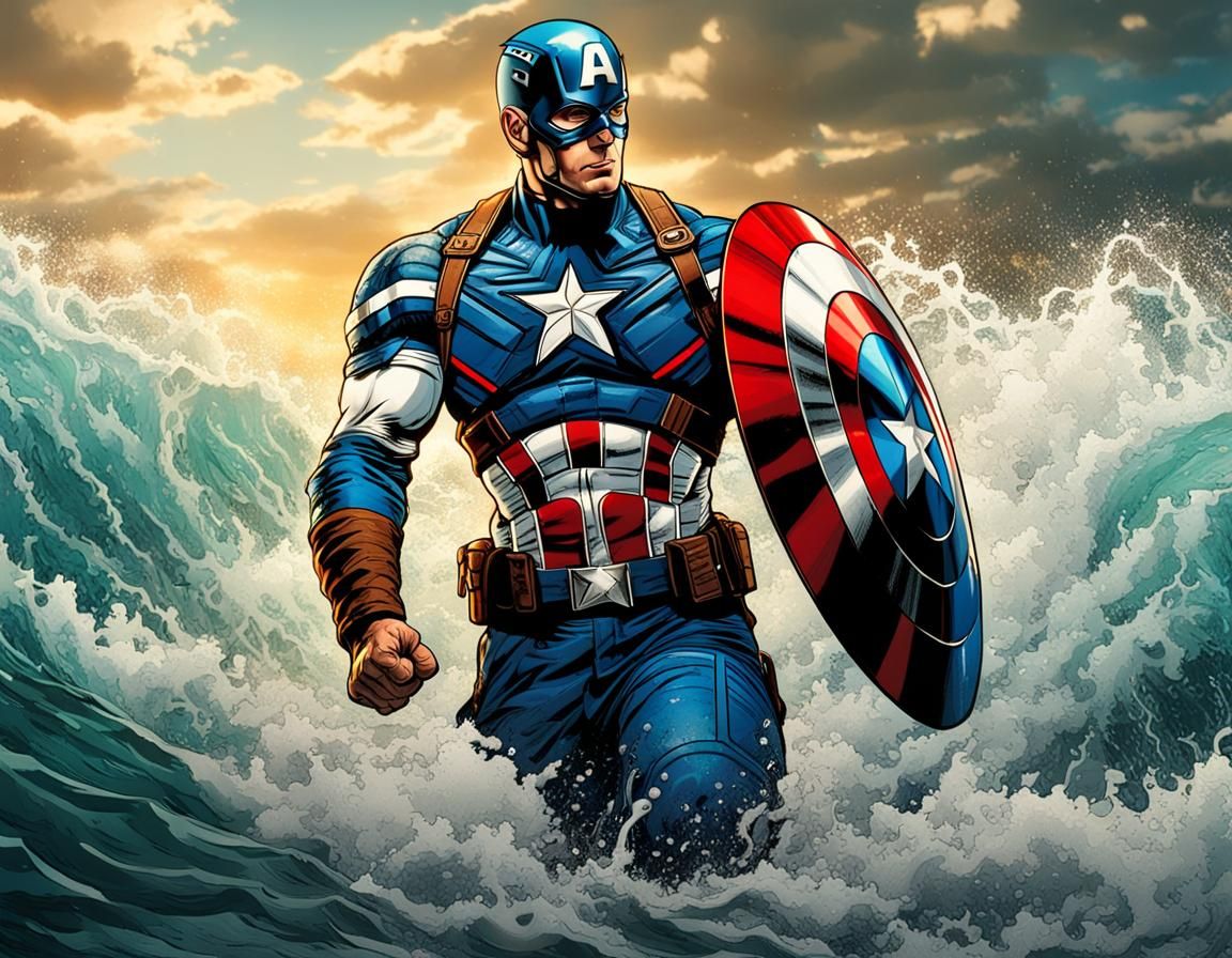 Captain America Shield Ocean Waves in Hyperrealism