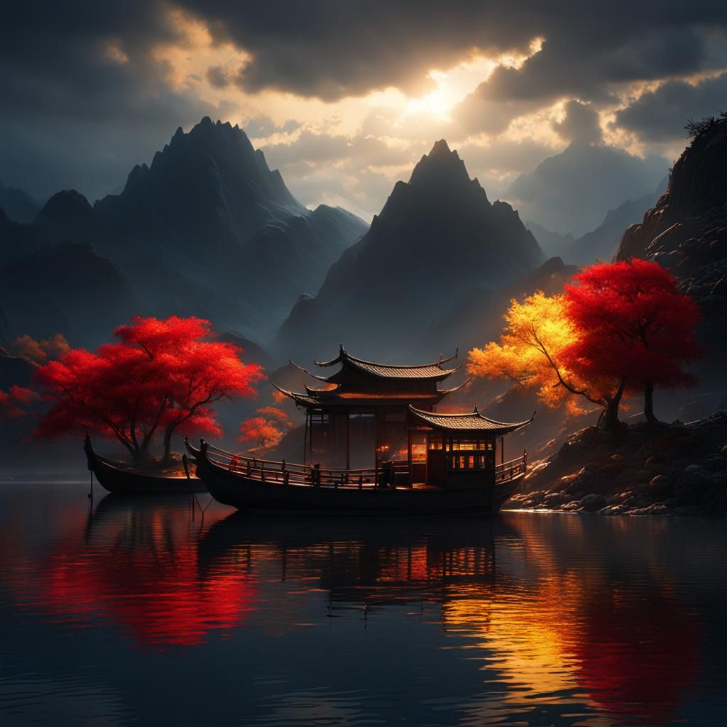 Mountain Lake Sunset: Chinese Fishing Boat in Dark Fantasy S...