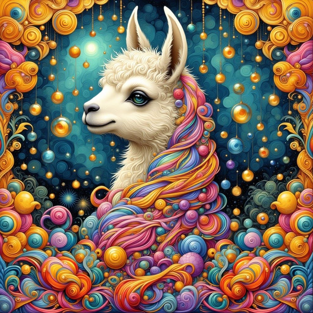 Llama Wrapped in Yarn in Glitched Watercolor
