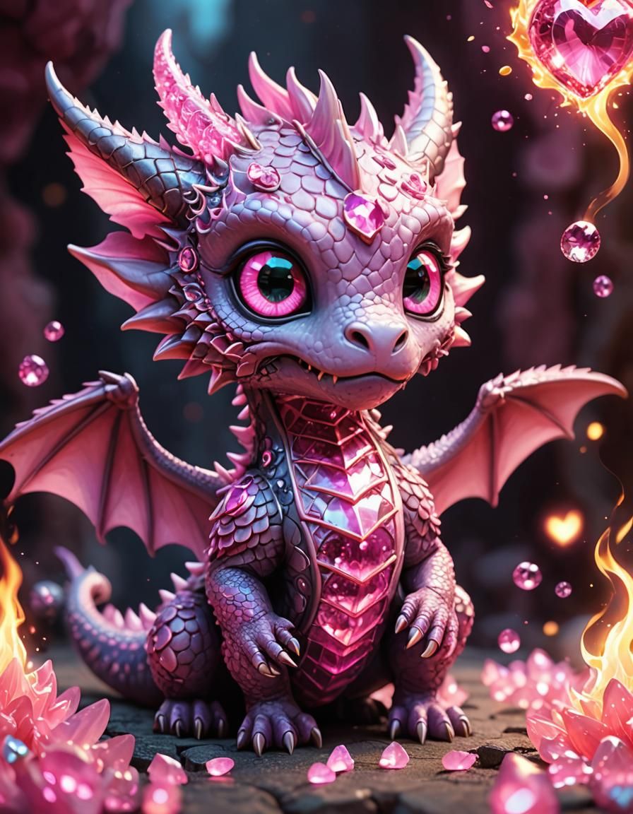 Cute Pink Chibi Dragon with Hearts and Crystals
