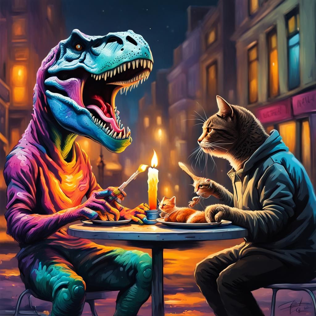 T-Rex and Cat Dinner in Graffiti Art Style