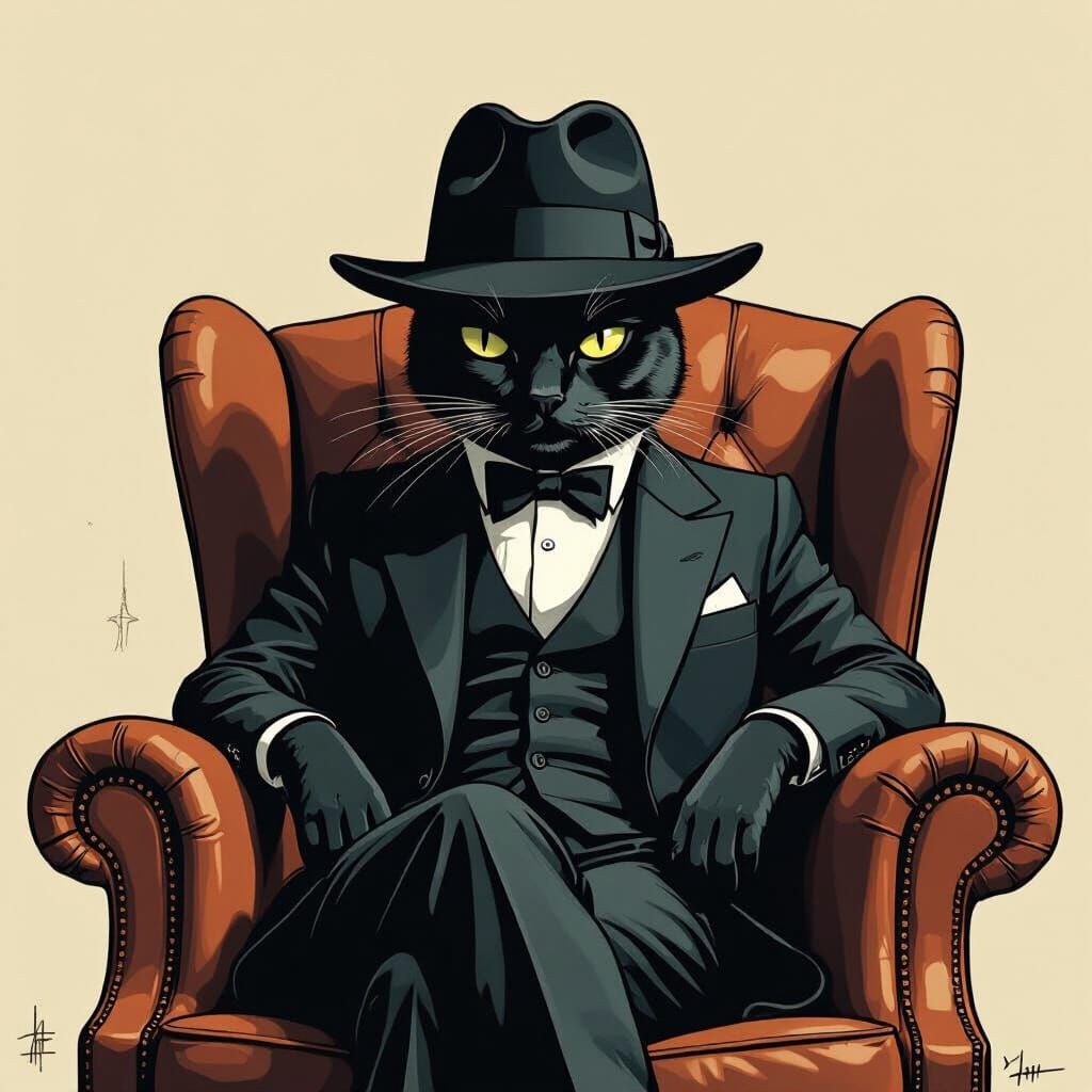 Noir Cat in Fedora Hat, Digital Illustration
