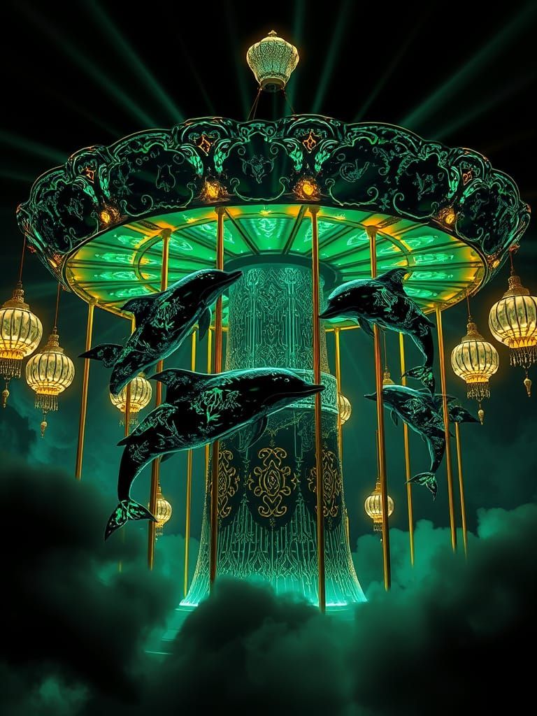 Bioluminescent Crystal Carousel with Celestial Dolphins