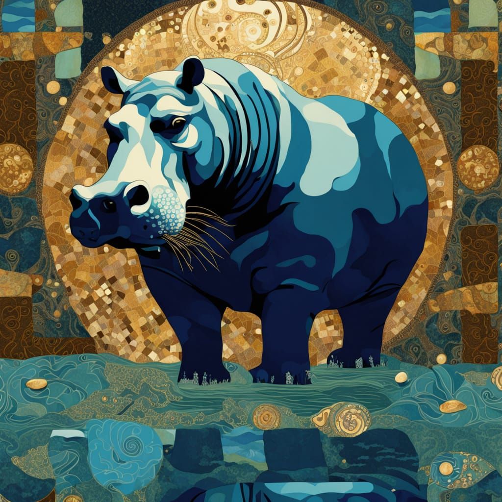 Art Nouveau Hippos in Klimt Style Collage