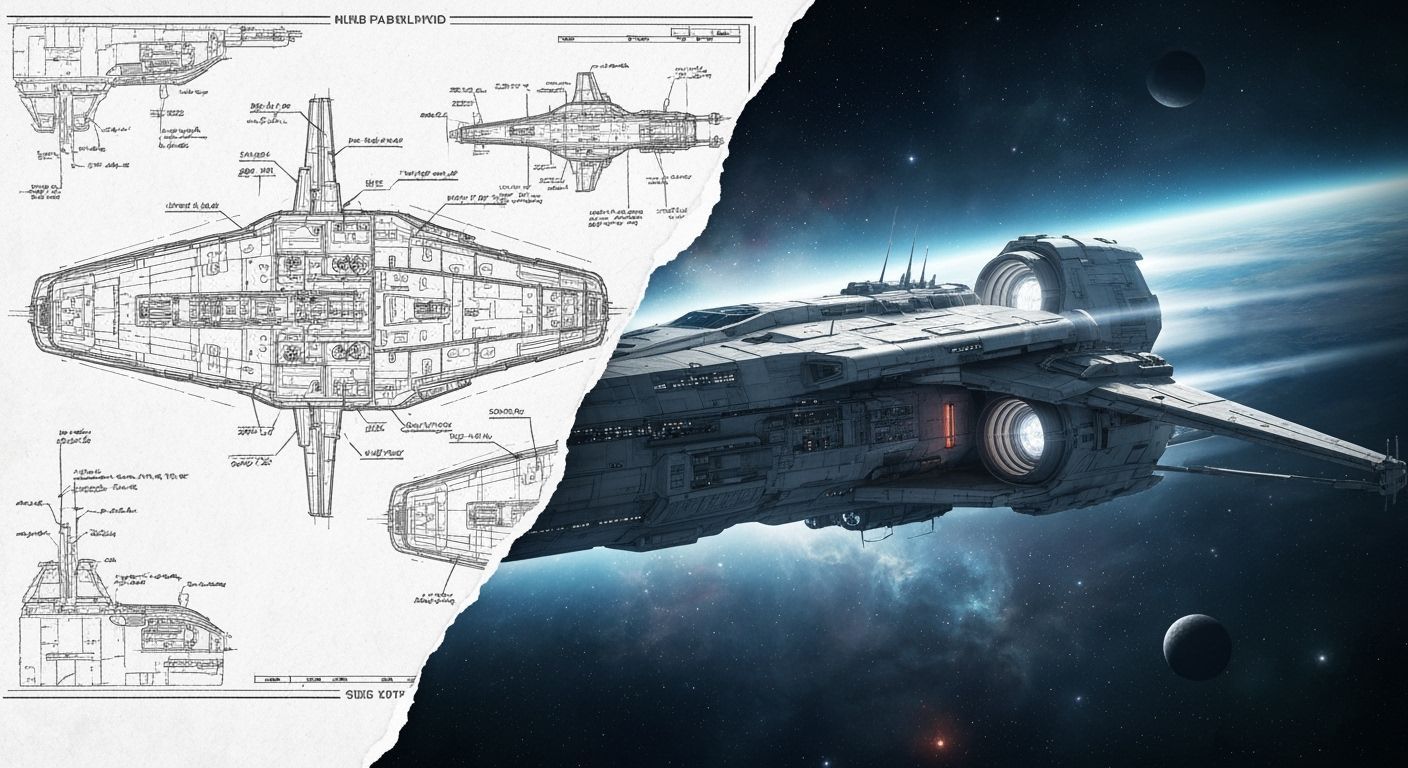 Futuristic Spaceship Blueprint and Space Scene
