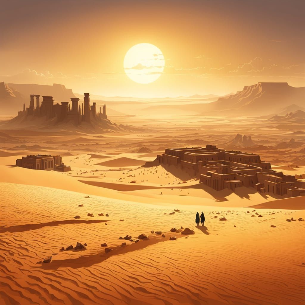 Ancient Desert Ruins at Sunset in Arabic Art Style