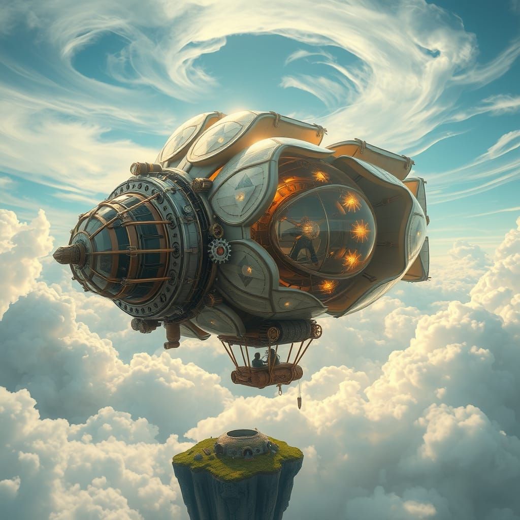 Steampunk Flower Airship Soaring Through Dreamlike Skies