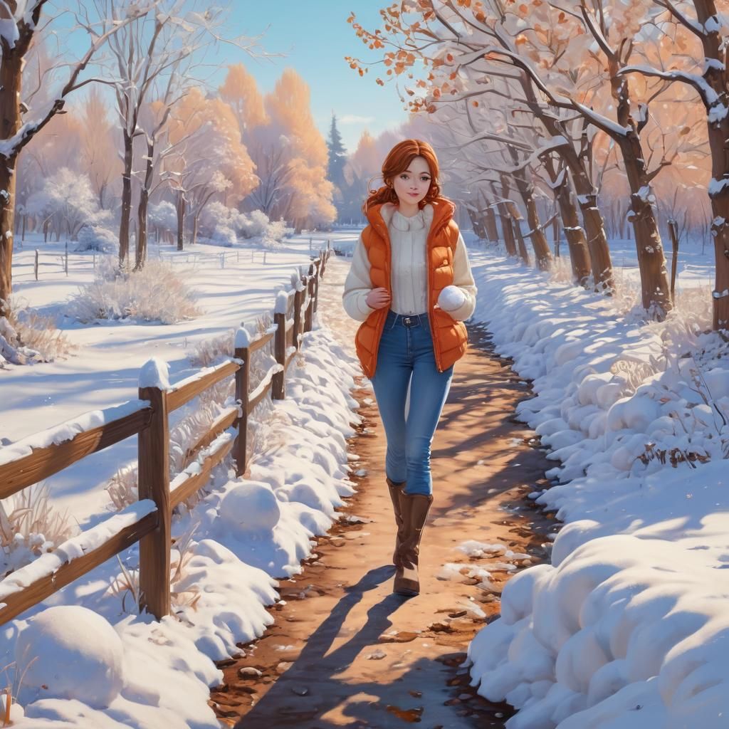 Snowy Orchard Path with Girl in Anime Style
