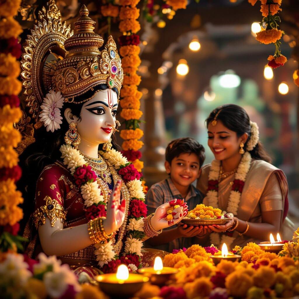 Lifelike Durga Idol with Golden Crown & Family Devotion