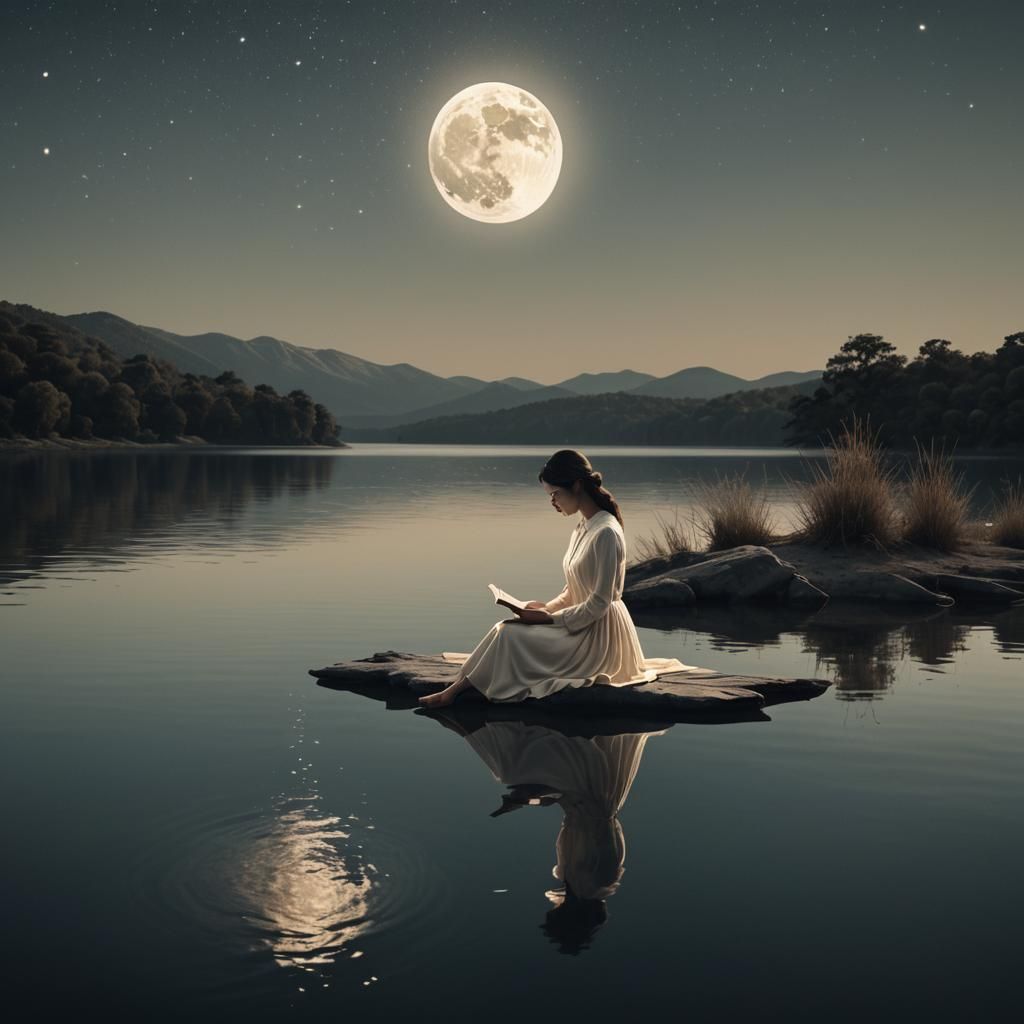 Girl Reading on Moonlit Lake: Surreal 3D Rendering