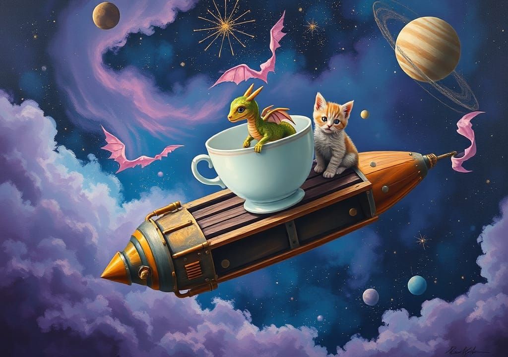 Teacup's Intergalactic Journey: A Surrealist Oil Painting