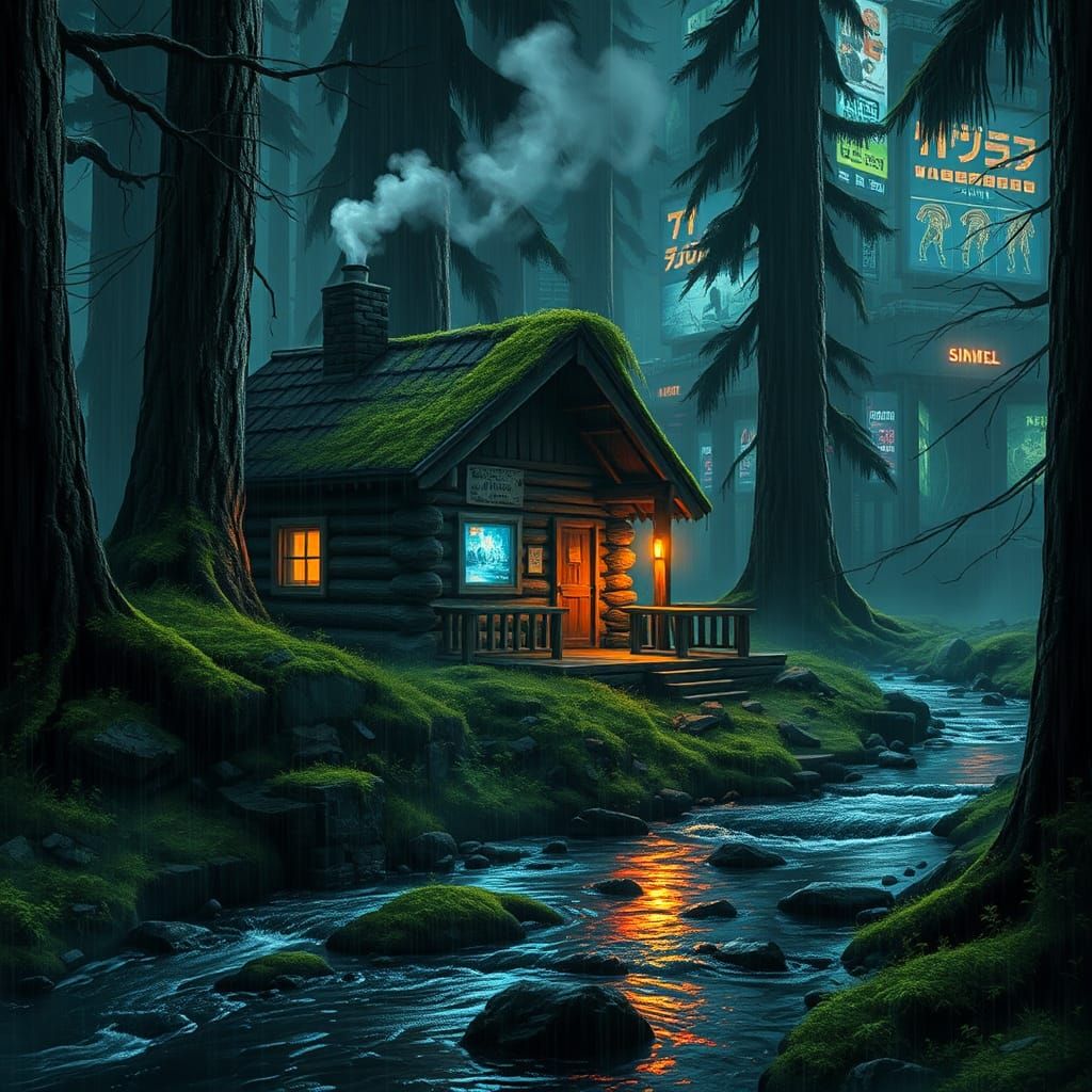 Dystopian Cabin with Neon Moss in Cyberpunk Style