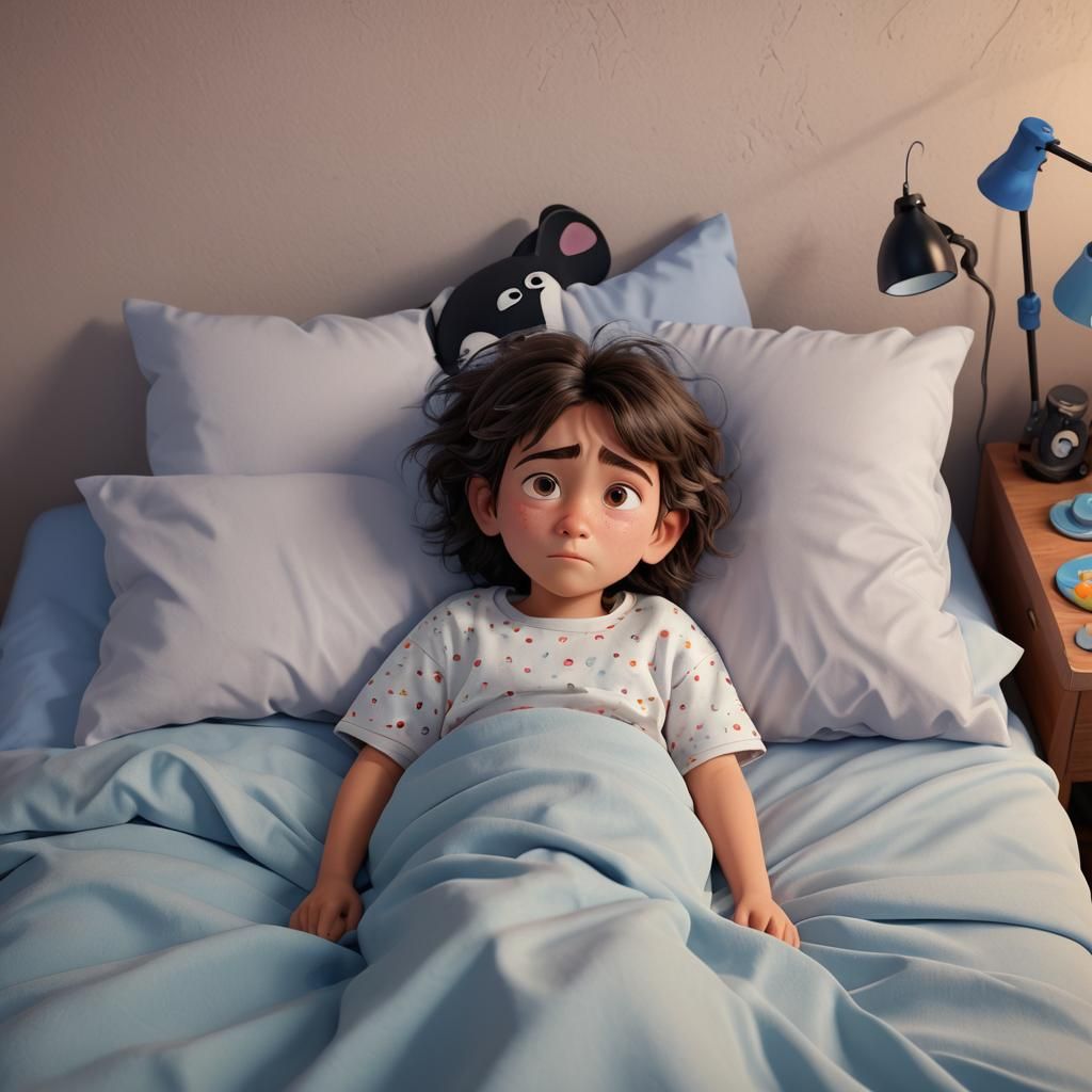 Sick Child in Bed: Pixar-Style 3D Art