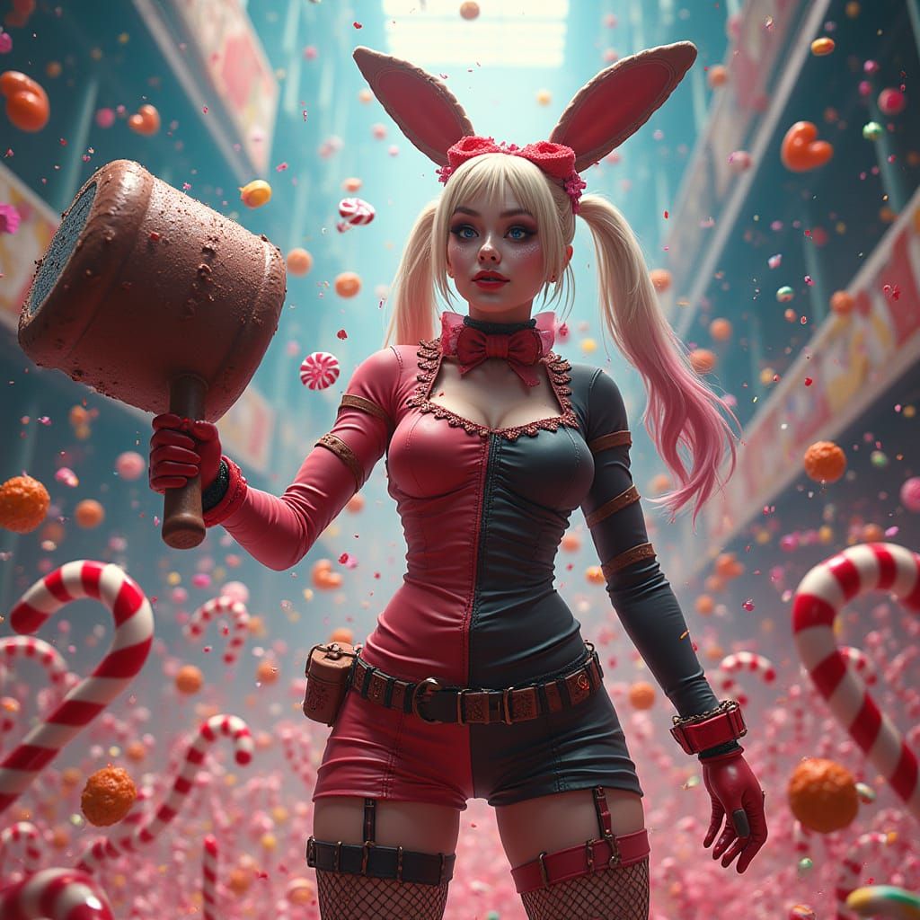 Harley Quinn Easter Bunny Mayhem in Vibrant, Neon Hues