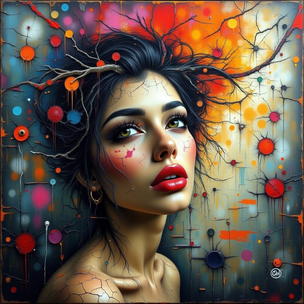 Ethereal Woman in Abstract Sadness, Modern Art Painting